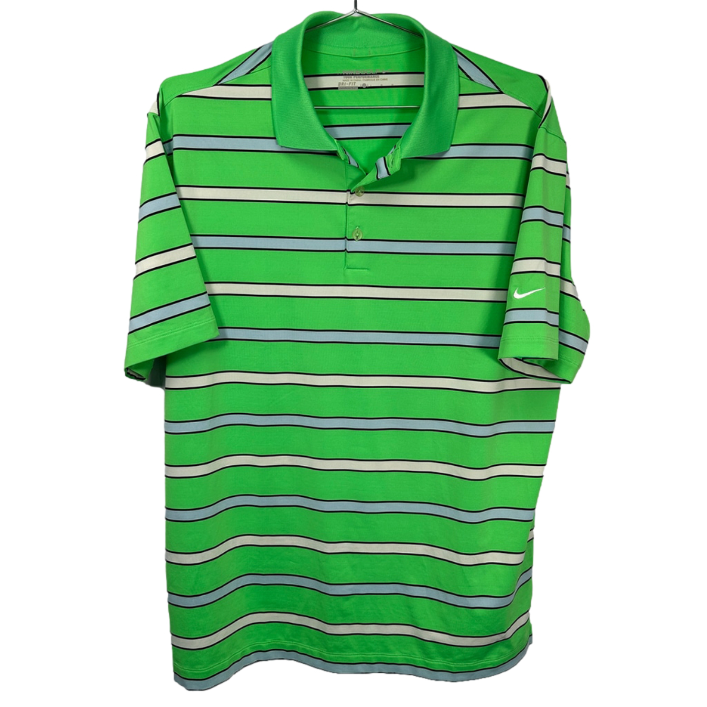 Nike Short Sleeve Shirt Golf Bright Green Striped‎ Collared Shirt Large